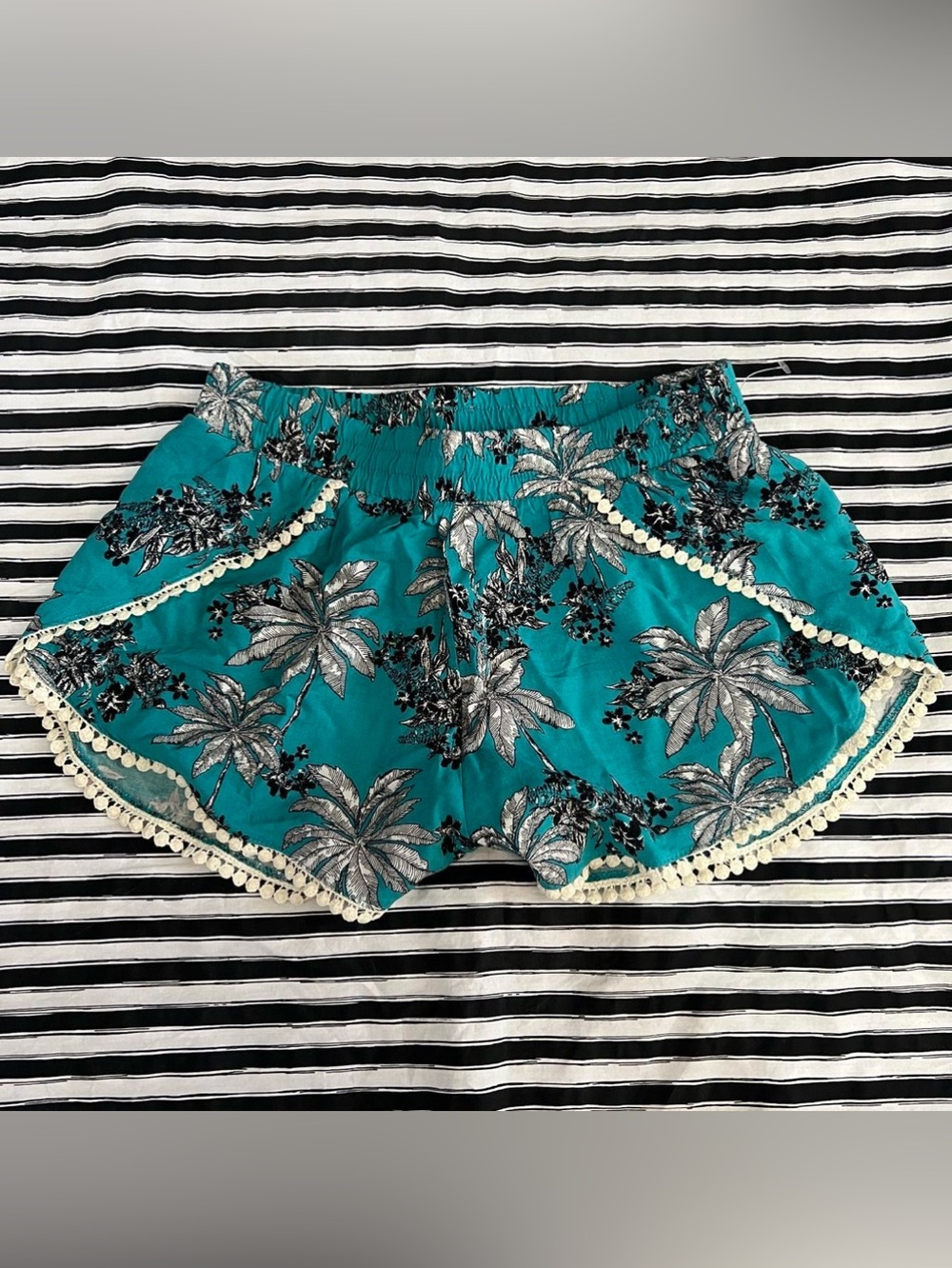 Teal Tropical Pom-Pom Trim Women’s Shorts